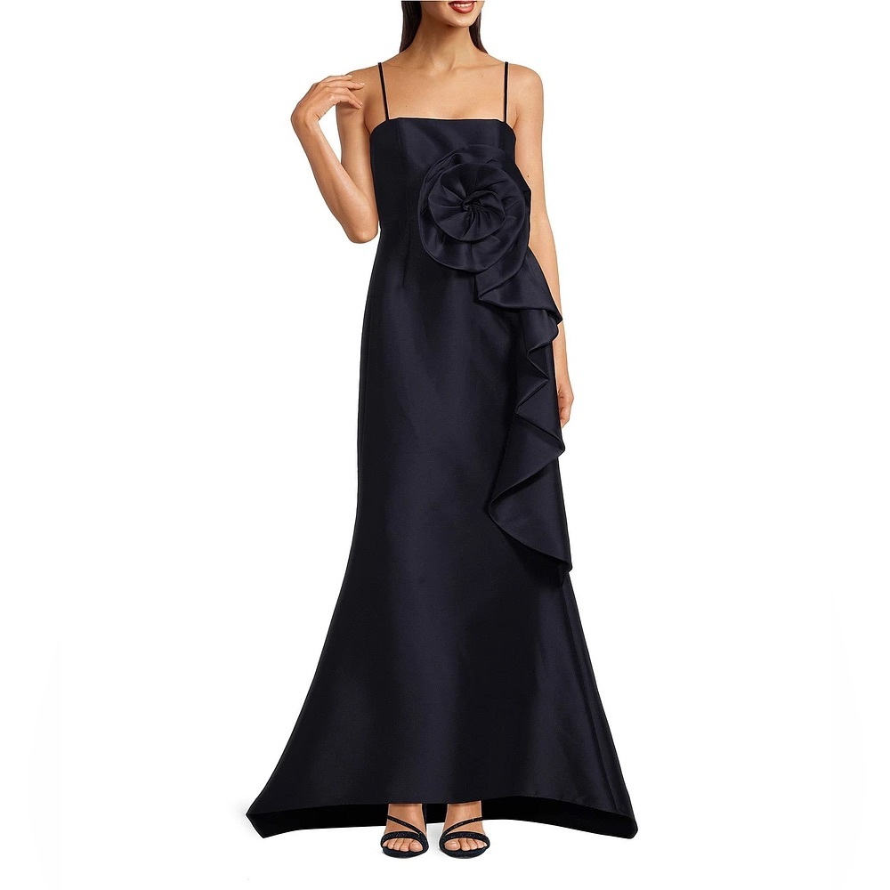 Muse by Marchesa Stretch Mikado 3D Rosette Running Side Ruffle Maxi Dress